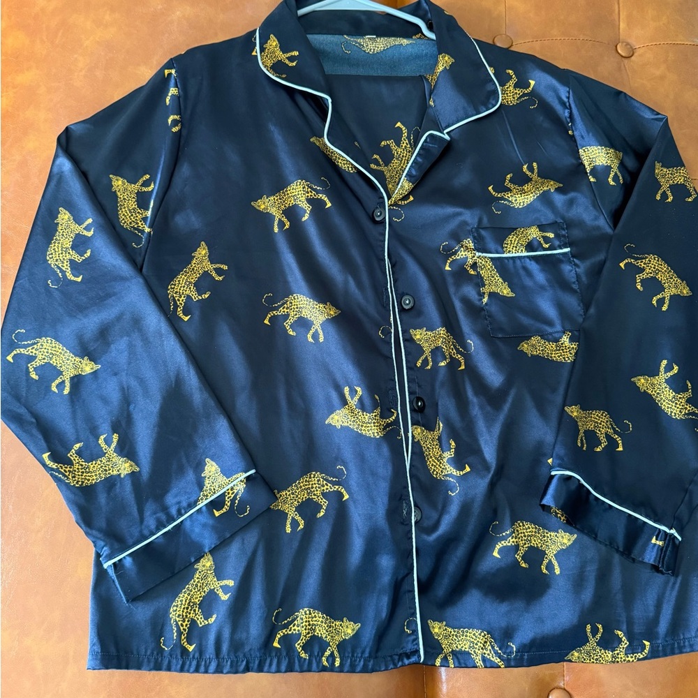 SHEIN Satin Pajama Set with Gold Leopard Print